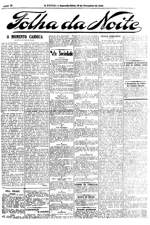 Primeira Página da Folha da Noite de 13 de novembro de 1922