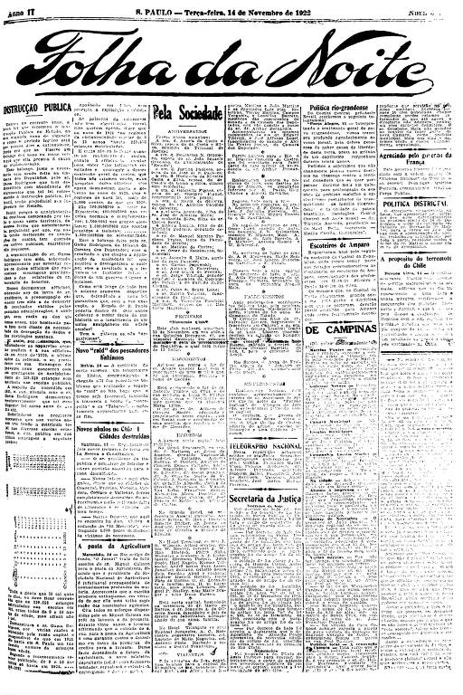 Primeira Página da Folha da Noite de 14 de novembro de 1922
