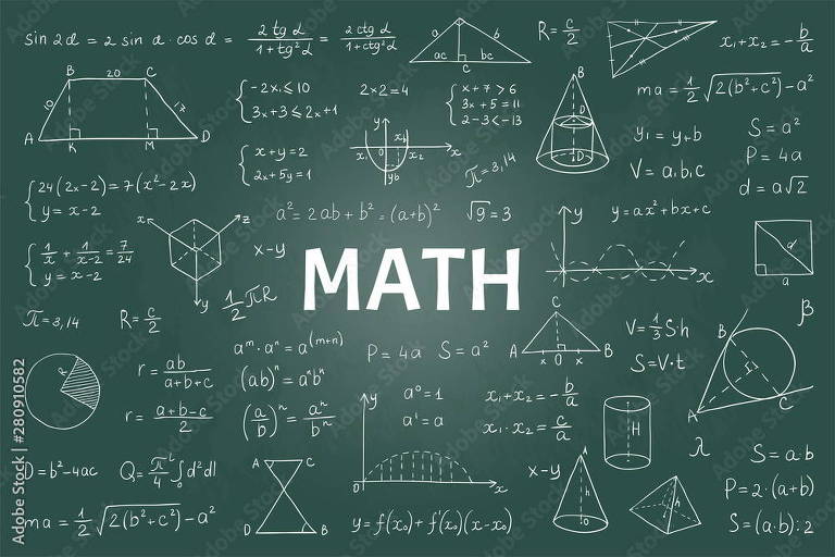 Fórmulas e equações de teoria matemática, gráficos de educação escolar desenhados à mão num quadro negro