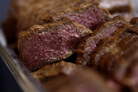 Pieces of 3D printed plant-based vegan meat, produced by Israeli start-up Redefine Meat, are displayed at SIAL food and innovation exhibition in Villepinte, near Paris, France October 19, 2022. REUTERS/Benoit Tessier ORG XMIT: GGG-BTE14
