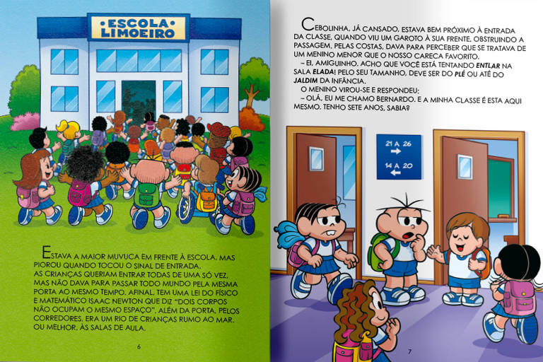 Duas páginas coloridas trazem o início da história, com vários personagens que começarão o primeiro dia de aula