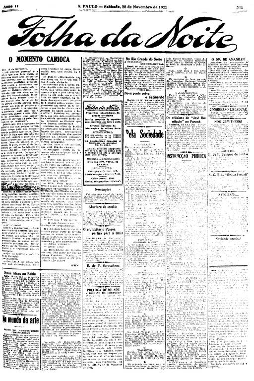 Primeira Página da Folha da Noite de 18 de novembro de 1922