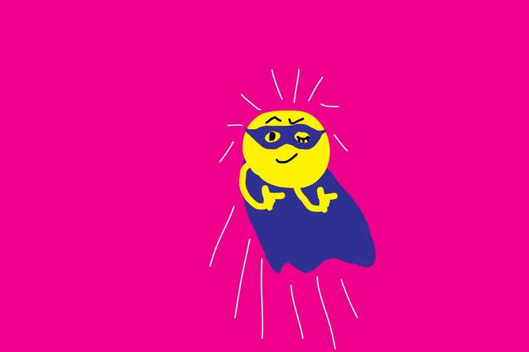 Sobre um fundo magenta há um emoji amarelo de super heroi com capa e máscara azuis fazendo sinal de arma e piscando o olho.