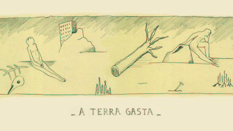 Sobre um fundo bege, desenhos em lápis mostram uma paisagem devastada e em cada canto dois homens sentados em postura de sofrimento. Abaixo da ilustração está escrito a mão "A terra Gasta".