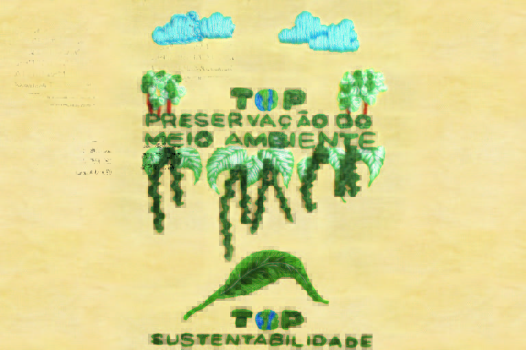 Bordado escrito Top Preservação do Meio Ambiente e Top Sustentabilidade, letras verdes, desenhos de árvores, nuvens e folhas. Ilustração para revista Top of Mind 2022