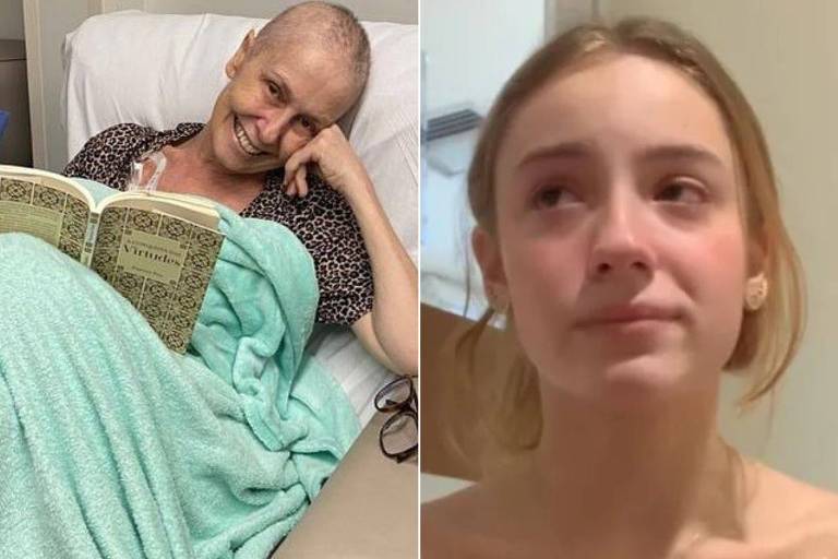 Em foto colorida, uma mulher deitada em uma cama de hospital aparece ao lado de uma jovem triste ao dar uma notícia