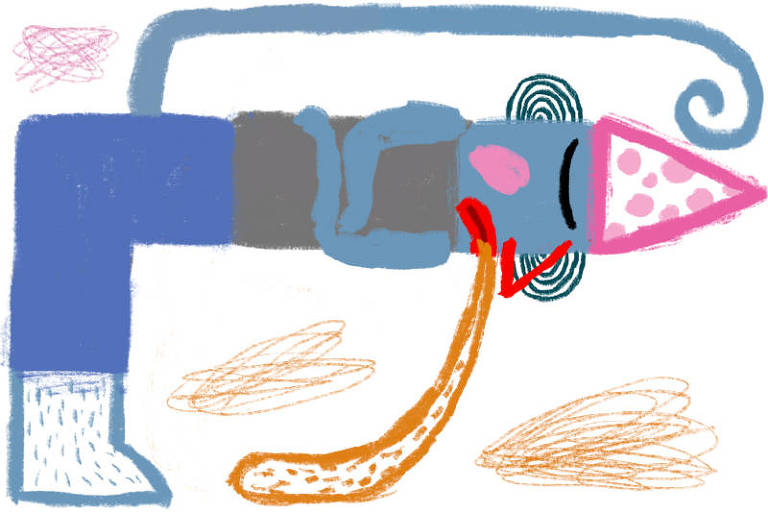 Ilustração mostra personagem em tons de azul, curvado para a direita, com uma língua marrom enorme, que encosta no chão. Ele usa um chapéu rosa triangular 