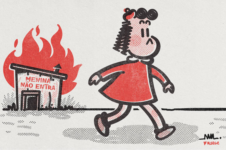 Na ilustração de Marcelo Martinez, Luluzinha, personagem criada pela cartunista norte-americana Marge, caminha, sem demonstrar emoção. Ao fundo, o clubinho "Menina não entra" está em chamas.