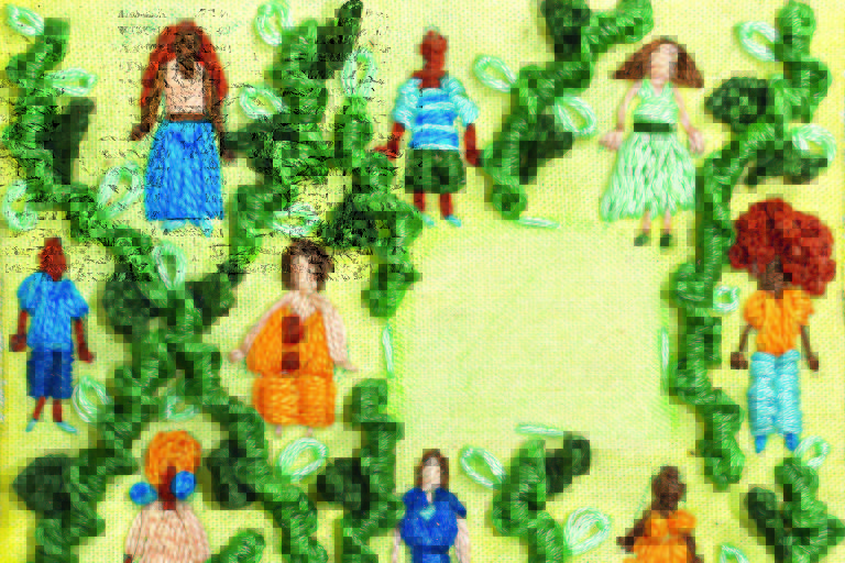 Bordado com desenhos de plantas espalhadas entre várias pessoas de cores, gêneros e estilos diferentes. Ilustração para a revista Top of Mind 2022