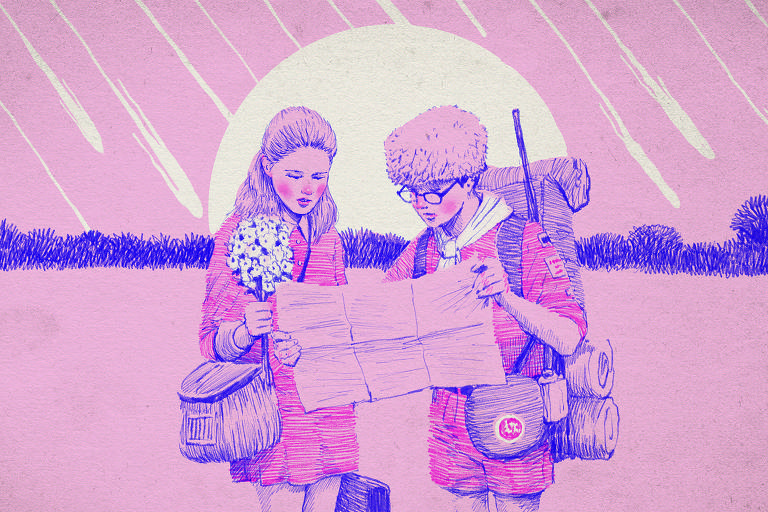 A ilustração de Adams Carvalho, publicada na Folha de São Paulo no dia 23 de Outubro de 2022, mostra o desenho de um casal jovem olhando um mapa em uma paisagem campestre. Ele usa uma roupa de escoteiro e ela carrega flores. Ao fundo, rastros de meteoros riscam o céu.