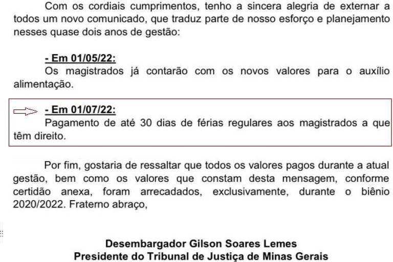 Documento em que presidente do TJ-MG promete pagar vantagens pessoais a magistrados