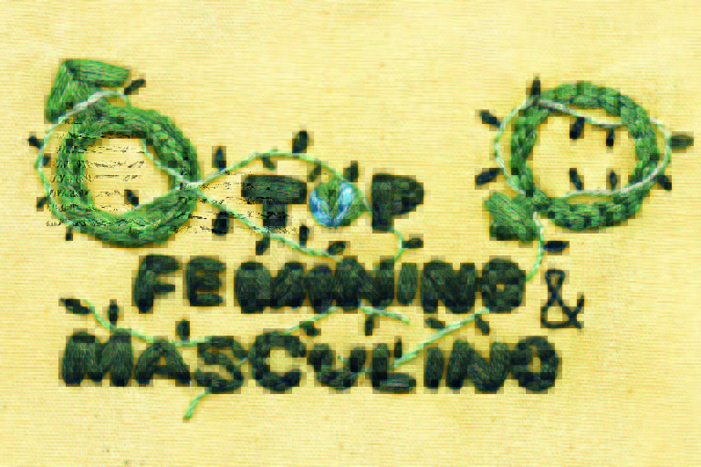 Bordado escrito Top Feminino & Masculino, letras verdes, desenhos dos símbolos feminino e masculino e folhas. Ilustração para a revista Top of Mind 2022