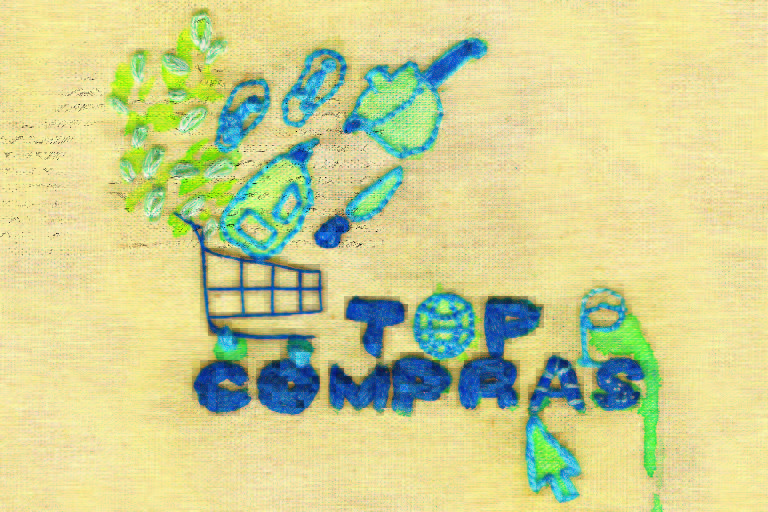 Bordado escrito Top compras, letras azuis, desenho de um carrinho de compras com faca, panela, chinelos, balde de tinta escorrendo, folhas e uma seta. Ilustração para a revista Top of Mind 2022