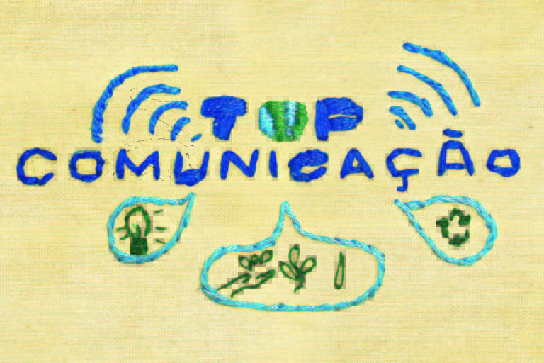 Bordado escrito Top Comunicação, com letras azuis, desenho do sinal de wi-fi, balões de conversa com desenhos de uma lâmpada, uma mão com folhas, uma planta, uma gota d'água e um símbolo da reciclagem. Ilustração para a revista Top of Mind 2022