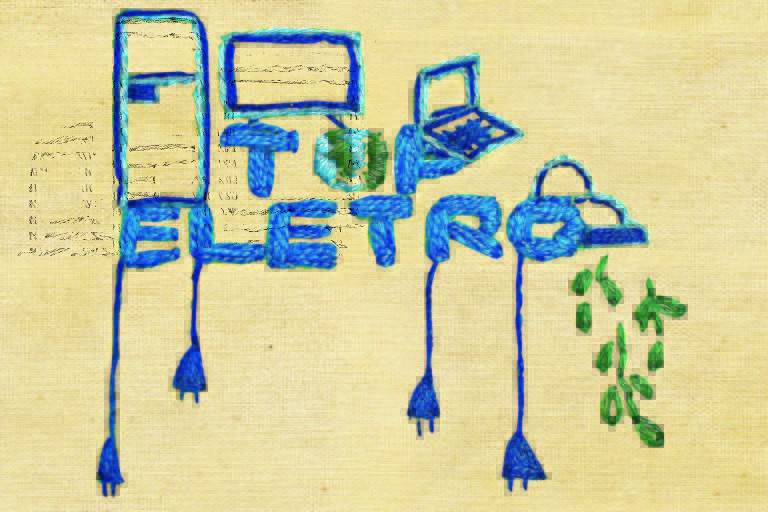 Bordado escrito Top Eletro, letras azuis, desenhos de geladeira, tv, notebook, folhas e fios pendurados nas letras. Ilustração para a revista Top of Mind 2022