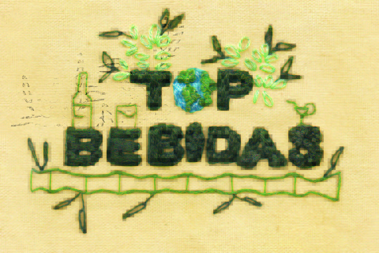 Bordado escrito Top Bebidas, letras verdes, desenho de um cana, uma garrafa, copos e folhas. Ilustração para a revista Top of Mind 2022