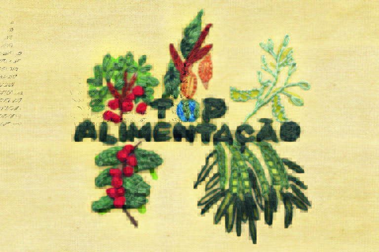 Bordado escrito Top Alimentação, letras verdes, desenho de frutas, raízes e folhas. Ilustração para a revista Top of Mind 2022