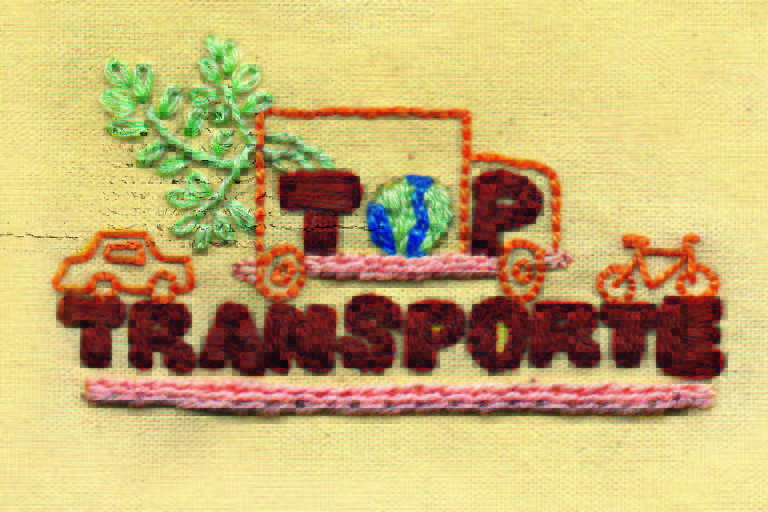 Bordado escrito Top Transporte, desenho de um carro, um caminhão, uma bicicleta e algumas folhas. Ilustração para a revista Top of Mind 2022