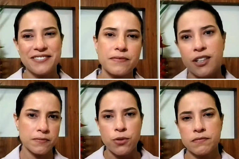 Mosaico com seis fotos da candidata ao governo de Pernambuco, Raquel Lyra (PSDB), durante sabatinada online