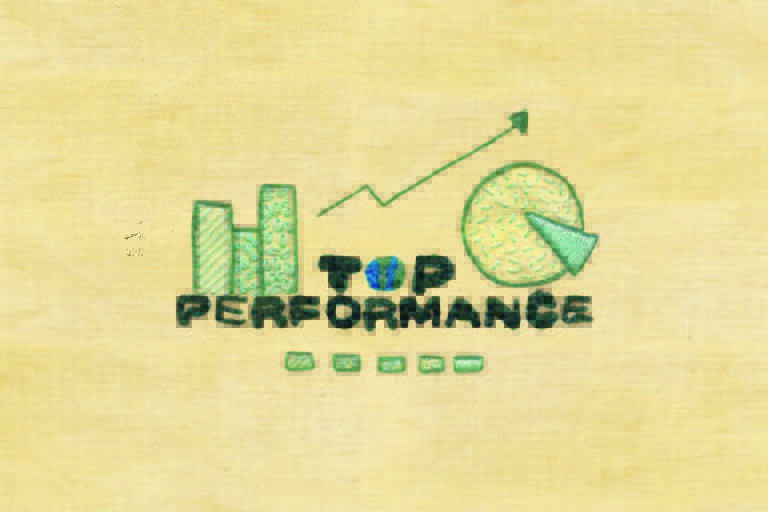 Bordado escrito Top Performance, letras verdes, desenhos de gráficos. Ilustração para a revista top of Mind 2022