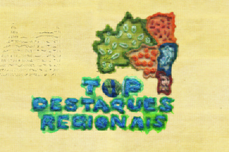 Bordado escrito Top Destaques Regionais, letras azuis, desenho de um mapa do Brasil. Ilustração para a revista Top of Mind 2022