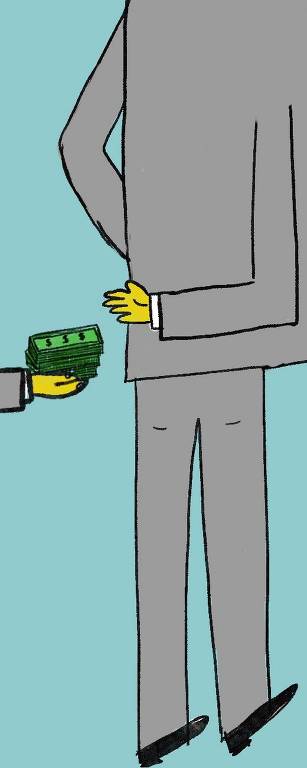 Desenho de um homem de costas com paletó cinza recebendo um maço de notas de dinheiro por uma mão saindo da parte esquerda do desenho.