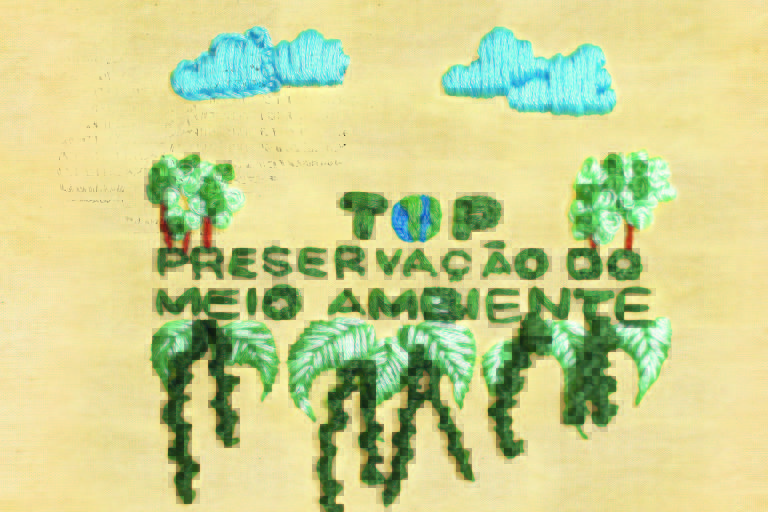 Bordado escrito Top Preservação do Meio Ambiente e Top Sustentabilidade, letras verdes, desenhos de árvores, nuvens e folhas. Ilustração para revista Top of Mind 2022