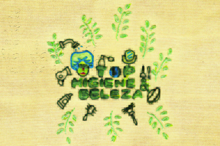 Bordado escrito Top Higiene & Beleza, letras verdes, desenhos de chuveiro, produtos de beleza e folhas. Ilustração para a revista Top of Mind 2022