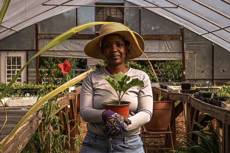Nicole Boone, voluntária na White Harvest Farms Community Garden, em Jacksonville, na Flórida, posa para foto segurando hortaliça; iniciativa visa mitigar problema de desertos alimentares nos EUA