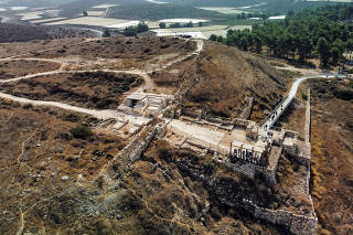 An aerial view shows visitors at Tel Lachish archaeological site in southern Israel