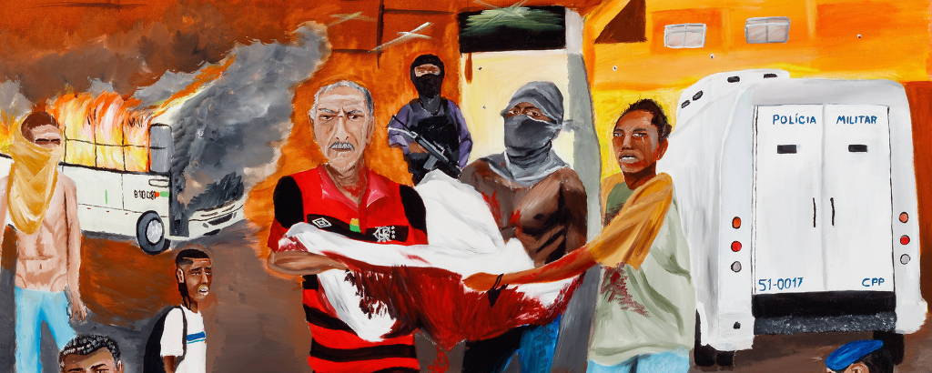 pintura de pessoas carregando lençol ensanguentado numa favela