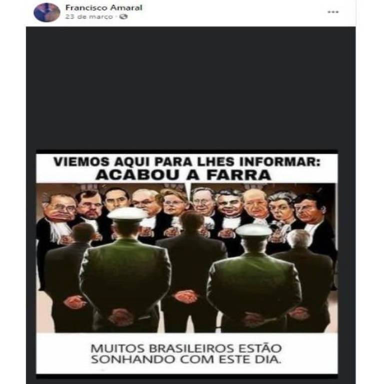 Imagem compartilhada por promotor de Minas Gerais sugere intervenção militar contra os ministros do STF