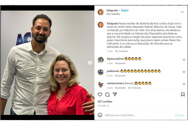 Lídia Prata Ciabotti, dona da rádio que se auto acusou de omitir a propaganda eleitoral do presidente Jair Bolsonaro (PL), posa ao lado do ex-jogador de vôlei Maurício Souza (PL-MG), deputado federal bolsonarista recém-eleito
Bolsonaro. Foto:Reprodução/Redes sociais