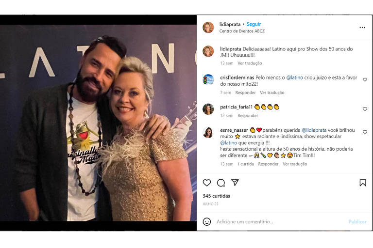 Lídia Prata Ciabotti, dona da rádio que se auto acusou de omitir a propaganda eleitoral do presidente Jair Bolsonaro (PL), contratou o cantor Latino, apoiador do presidente, para tocar em evento da sua empresa. Foto:Reprodução/Redes sociais