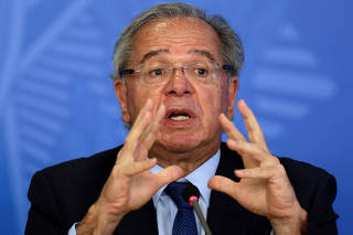 FILE PHOTO: Brazil's Economy Minister Paulo Guedes speaks at the Planalto Palace in Brasilia
