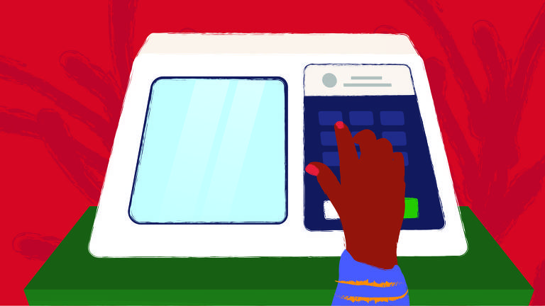 Na ilustração está localizada uma urna eletrônica ao centro, com uma mão votando. A mão é de uma pessoa negra, tem unhas vermelhas e manga de blusa lilás.