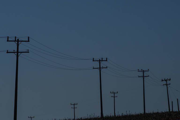 Postes com fios elétricos em zona rural.