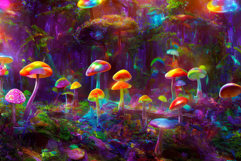 Grande quantidade de cogumelos multicoloridos