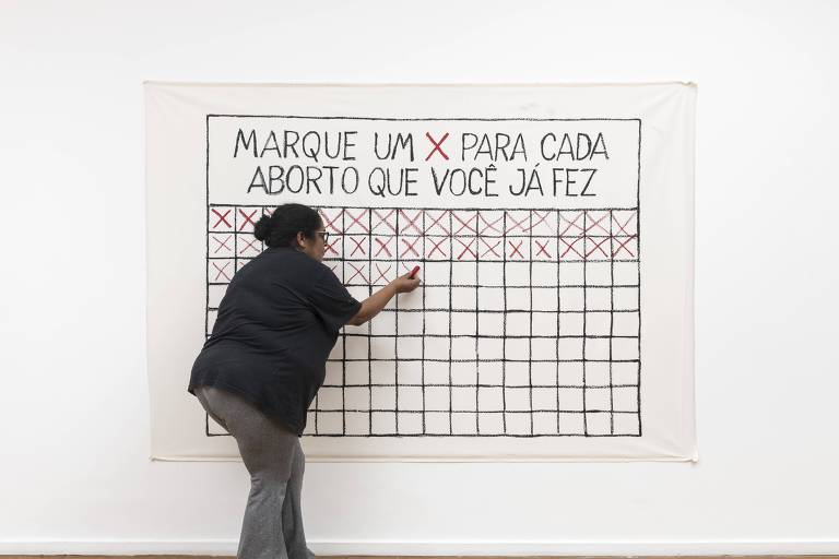 mulher risca um x num mural escrito Marque Um X Para Cada Aborto Que Você Já Fez
