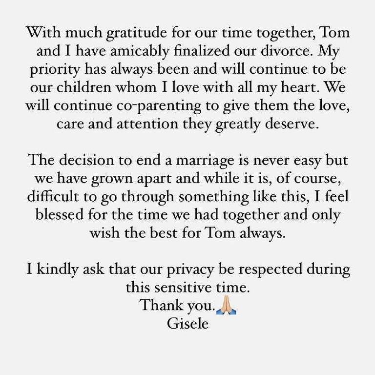 Declaração de Gisele Bündchen confirmando divórcio de Tom Brady