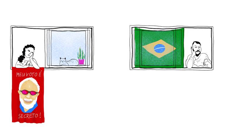 A ilustração mostra duas janelas. A da esquerda com uma mulher que olha no celular e está debruçada sobre uma toalha vermelha escrito "meu voto é secreto". Na janela da direita está pendurada uma bandeira do Brasil e ao lado está um homem debruçado com fones de ouvido e um celular na mão. 