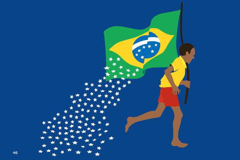 criança negra carrega bandeira do brasil que deixa cair estrelas brancas no chão