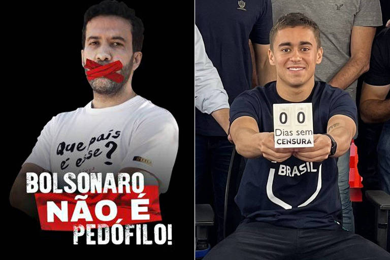 Fotos postadas no Twitter de André Janones com a boca do deputado amordaçada e de Nikolas Ferreira com placa com a inscrição 00 dias de censura