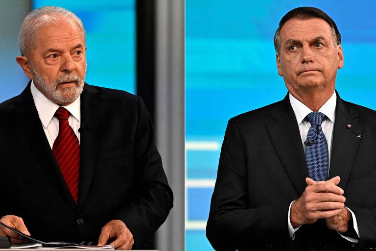 Dois retratos lado a lado de Lula e Bolsonaro. Lula está de terno escuro com gravata vermelhar. Bolsonaro, de terno escuro e gravata azul 