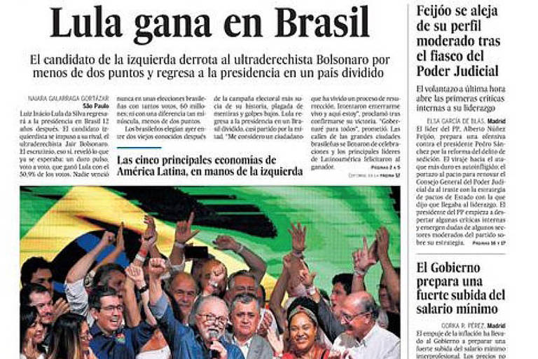 El País destacou a divisão política no Brasil e afirmou que 'a esquerda derrotou o ultradireitista Bolsonaro por menos de dois pontos percentuais'