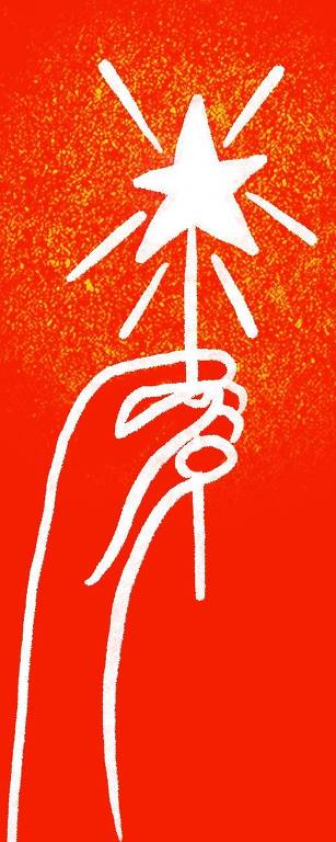 Ilustração de uma mão segurando um pirulito de estrela brilhando. Fundo vermelho com traços em branco.
