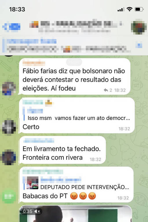 Mensagens em aplicativo de mensagens critiam o PT e dizem esperar que Bolsonaro não reconheça a derrota