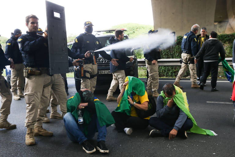 Policiais usam spray de pimenta e prendem manifestantes na rodovia Hélio Smidt, em Garulhos