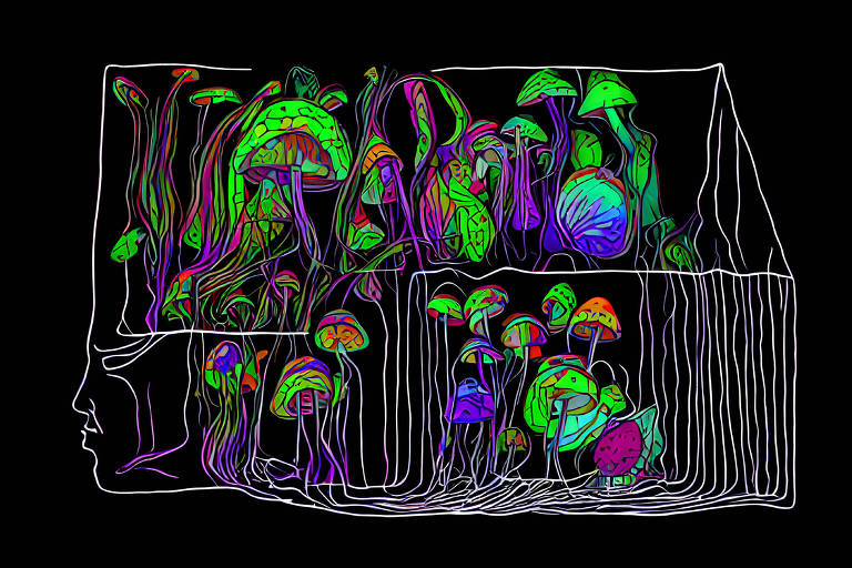 Desenhos de cogumelos em cores psicodélicas sobre fundo preto e traços brancos delineando um rosto humano no canto inferior esquerdo