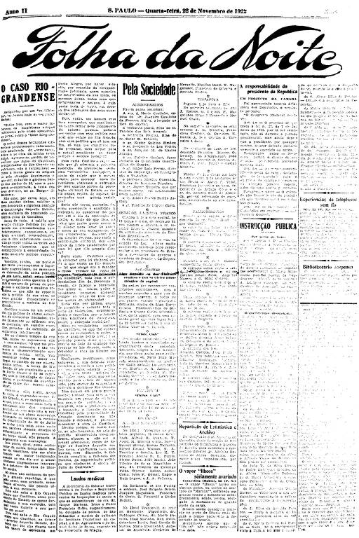 Primeira Página da Folha da Noite de 22 de novembro de 1922
